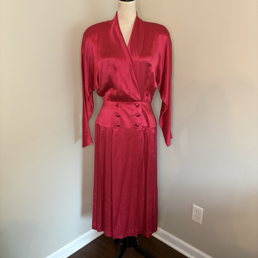 VTG 80s Mark Shale 100% Silk Satin Pleated Midi Dress Fuchsia Pink Gown Sz 8 38